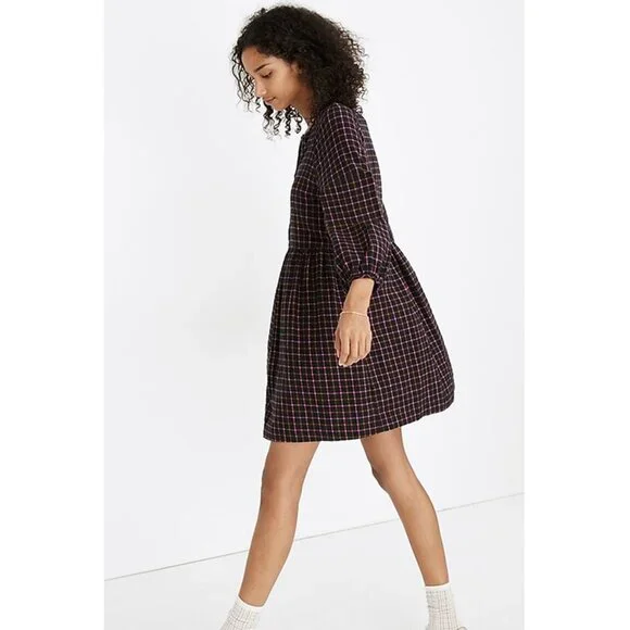 Madewell Plaid Flannel Raglan Button-Front Shirtdress Mini‎ Dress Black Pink 4 - Picture 2 of 9